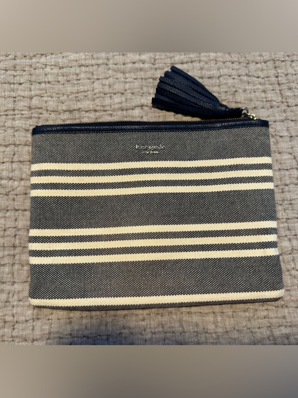 kate spade Navy and Cream Striped Canvas Toiletry Pouch with Tassel